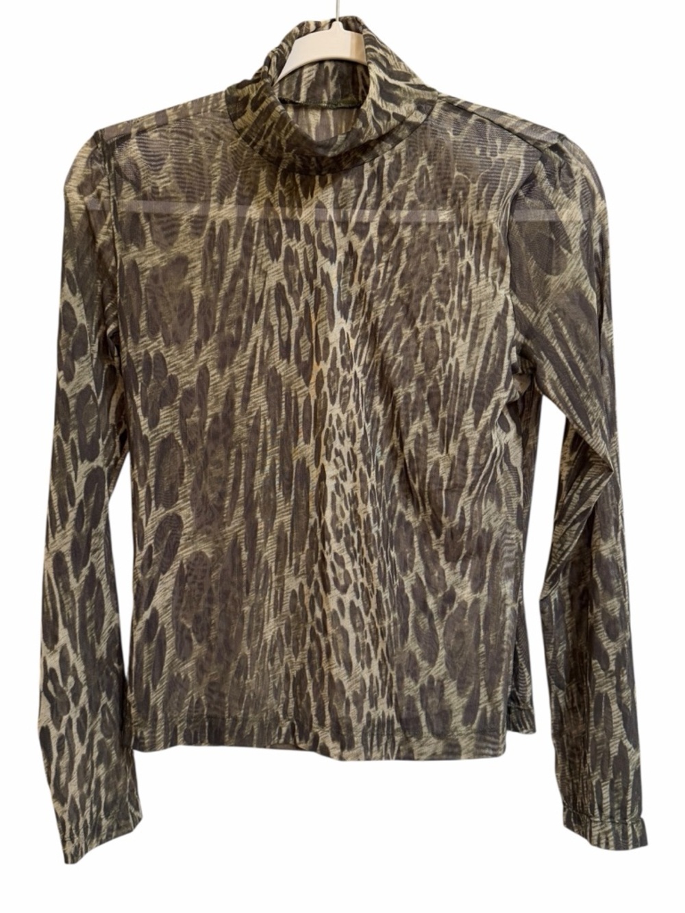 St. John Y2K Sheer Mesh Animal Print Mock Neck Top Green Brown Size Small